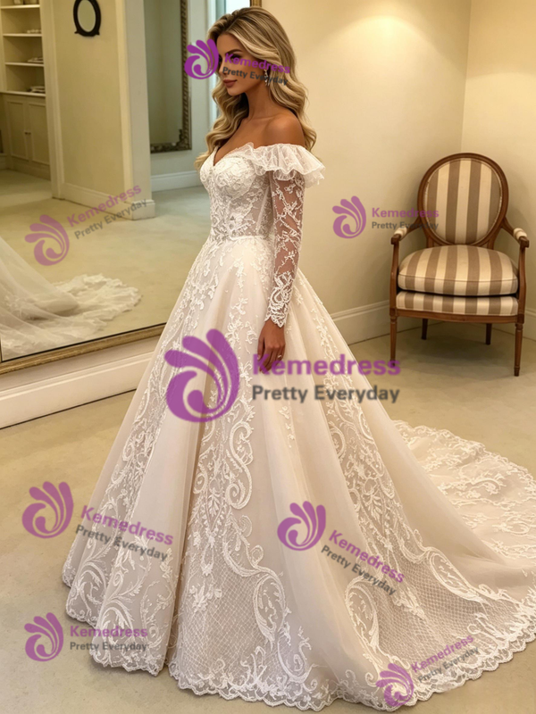 Beige White Tulle Appliques Off the Shoulder Wedding Dress