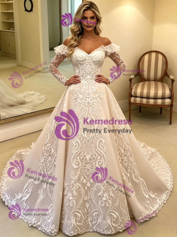 Beige White Tulle Appliques Off the Shoulder Wedding Dress