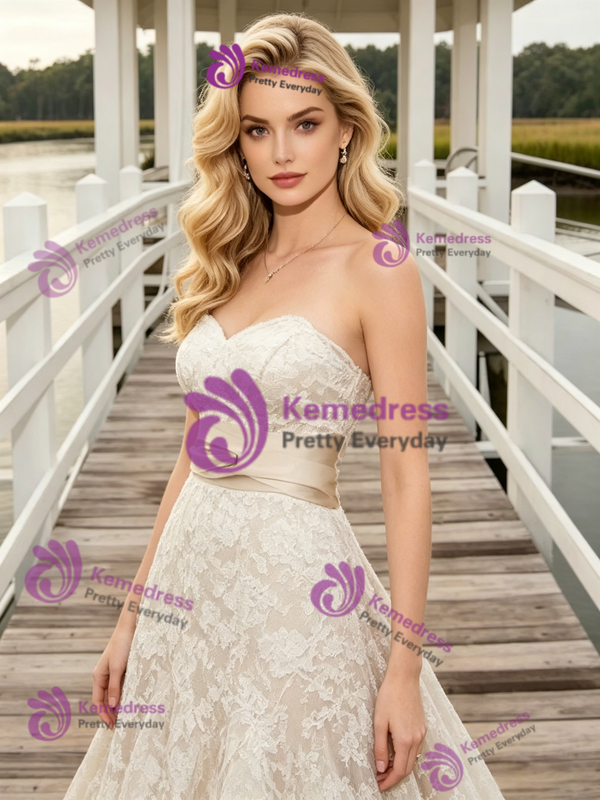 Champagne Lace Strapless Wedding Dress