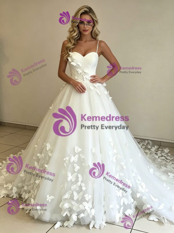 White Tulle Spaghetti Straps Butterfly Wedding Dress