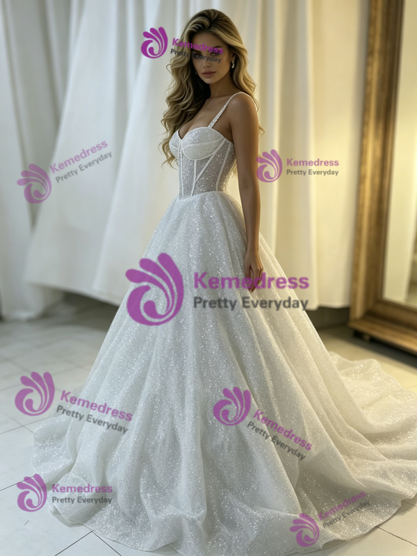 White Sequins Spaghetti Straps Wedding Dress