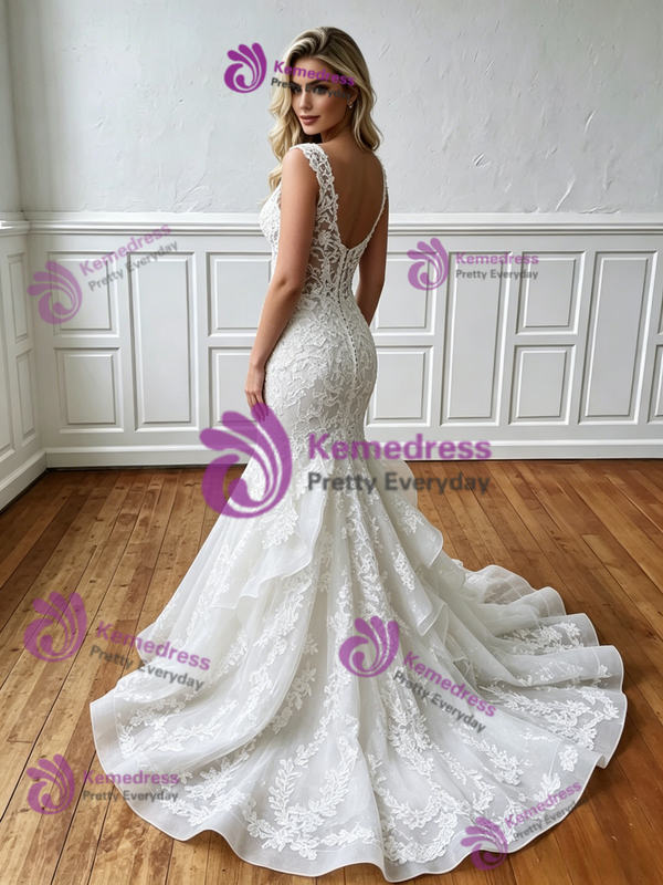 White Mermaid Tulle Lace V-neck Wedding Dress