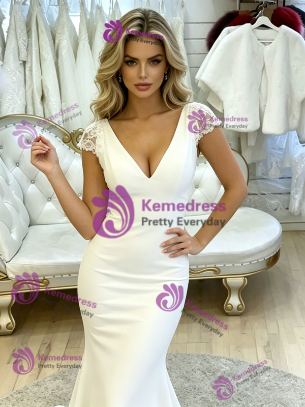 White V-neck Mermaid Lace Wedding Dress