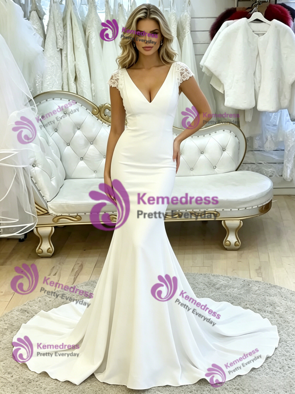 White V-neck Mermaid Lace Wedding Dress