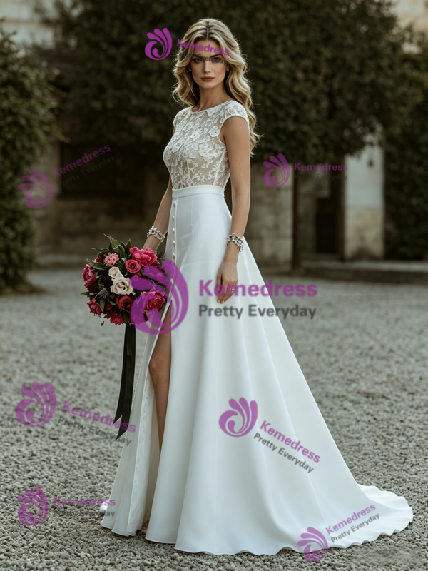 White Cap Sleeve Lace Wedding Dress