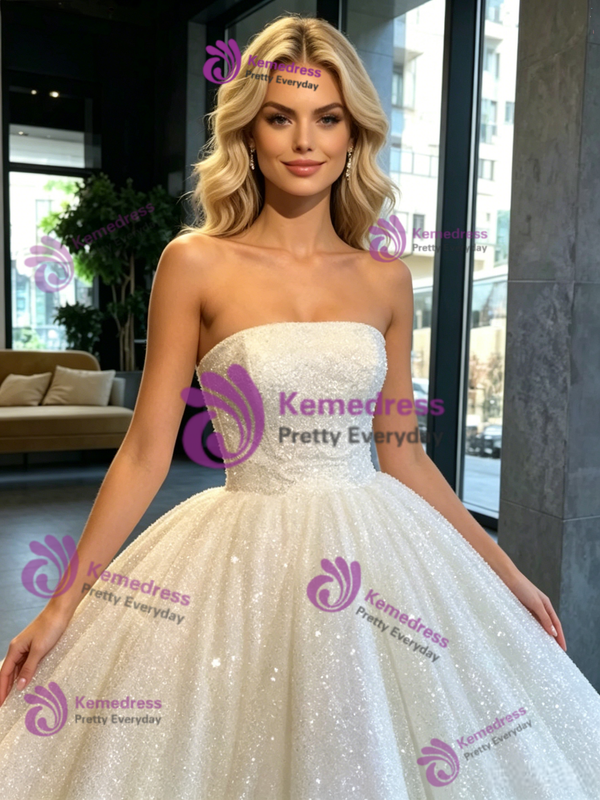 White Sequins Strapless Wedding Dress