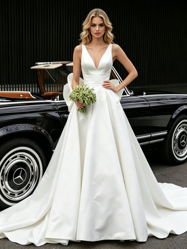White Satin V-neck Wedding Dress