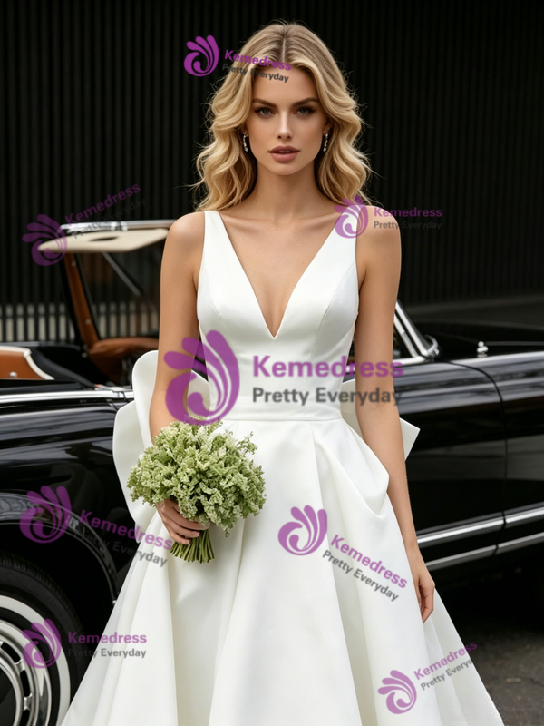 White Satin V-neck Wedding Dress