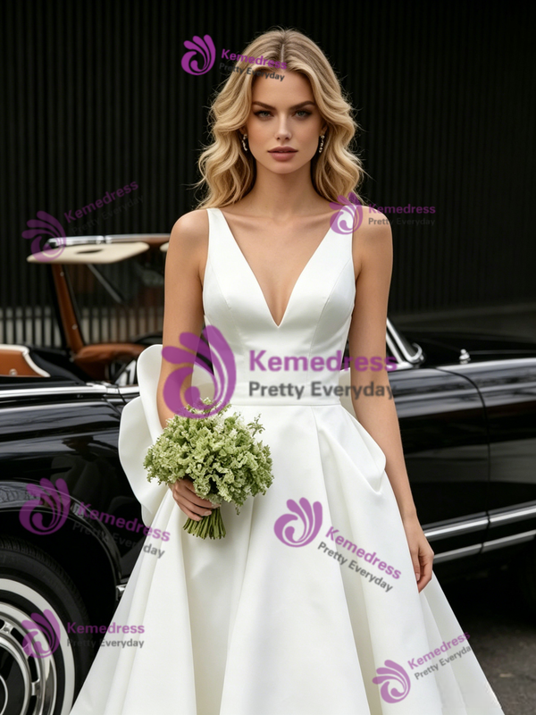 White Satin V-neck Wedding Dress