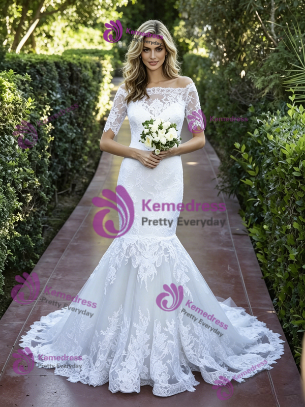 White Mermaid Lace Short Sleeve Wedding Dress