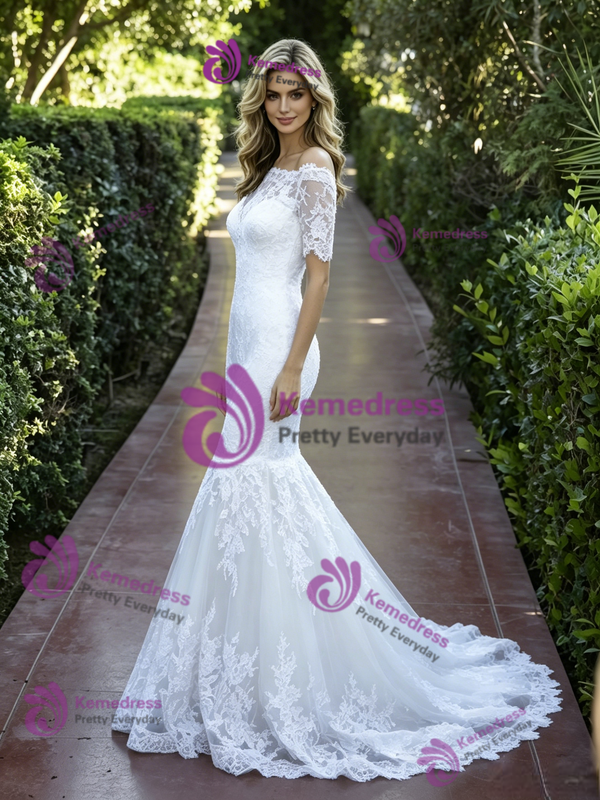 White Mermaid Lace Short Sleeve Wedding Dress