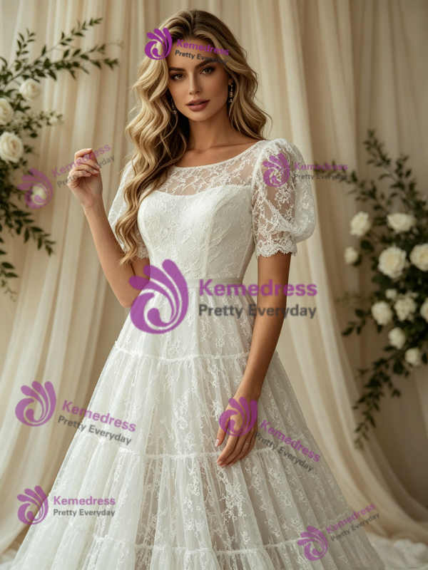 White Lace Puff Sleeve Wedding Dress