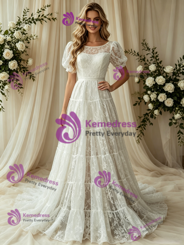 White Lace Puff Sleeve Wedding Dress