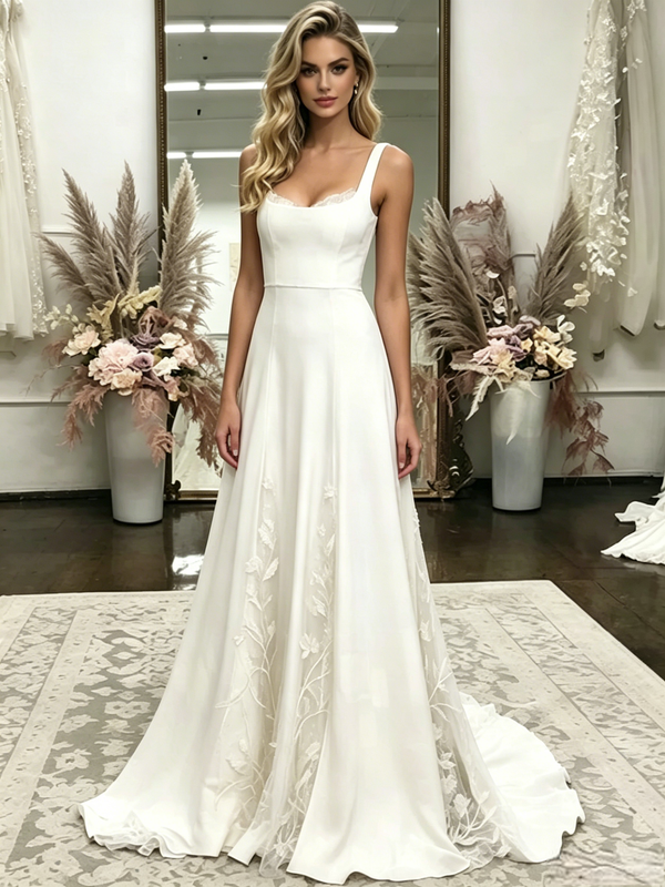White Straps Appliques Wedding Dress