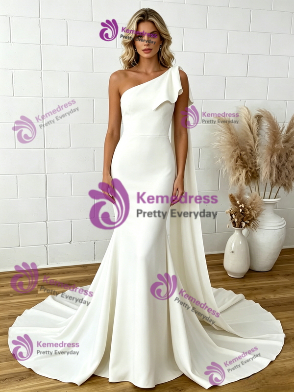 Simple White Mermaid One Shoulder Wedding Dress