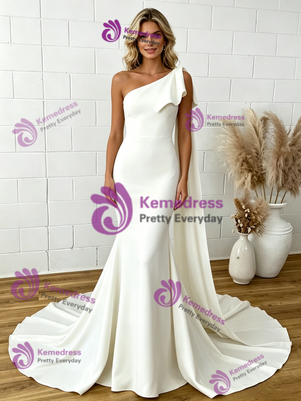 Simple White Mermaid One Shoulder Wedding Dress