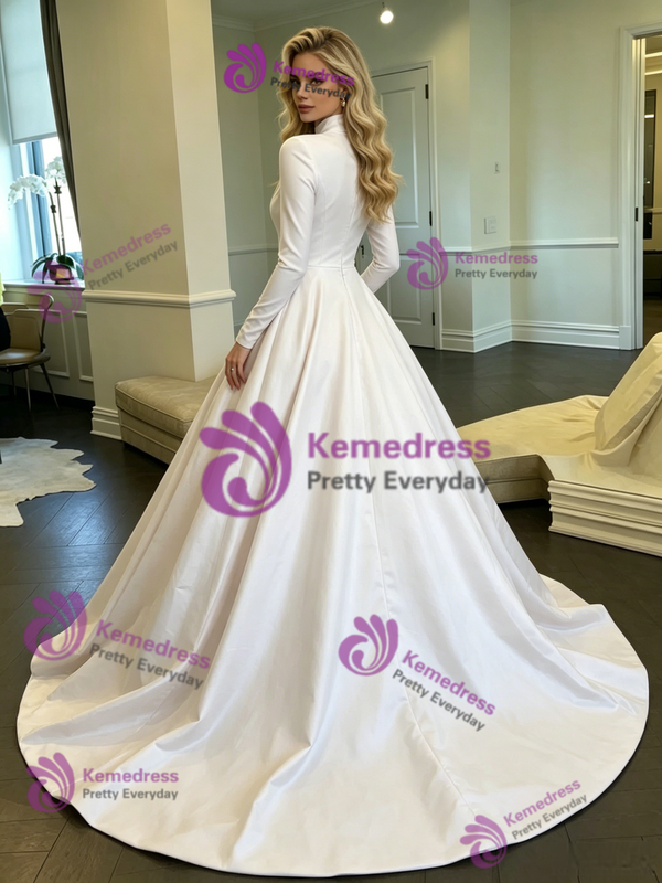 White Satin High Neck Long Sleeve Wedding Dress