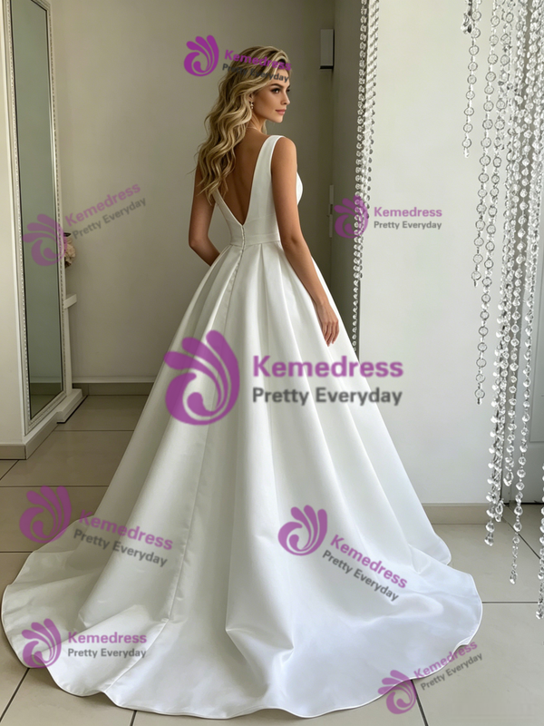 White Satin V-neck Wedding Dress