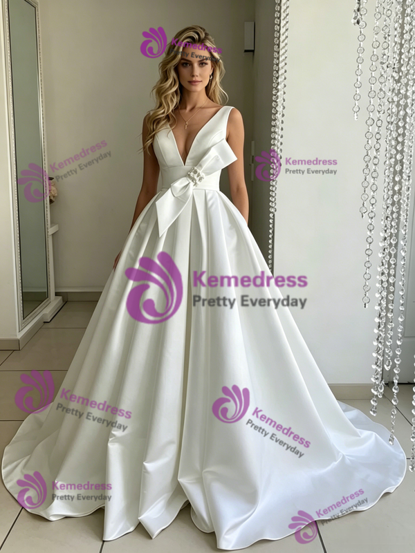 White Satin V-neck Wedding Dress