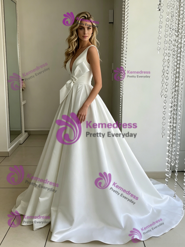 White Satin V-neck Wedding Dress