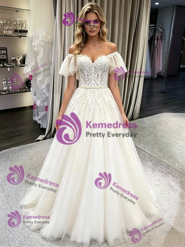White Tulle Off the Shoulder Appliques Wedding Dress