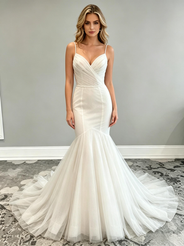 White Mermaid Spaghetti Straps Pleats Wedding Dress