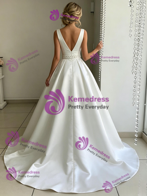 White Satin V-neck Wedding Dress