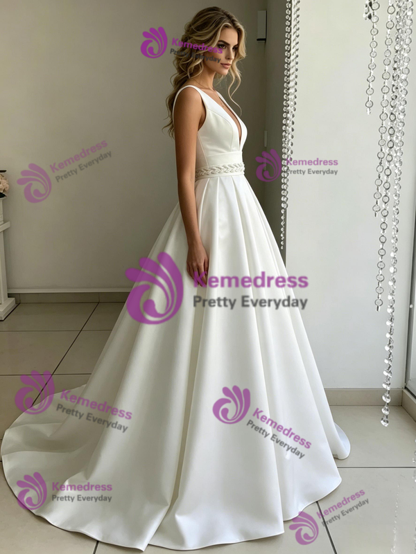 White Satin V-neck Wedding Dress