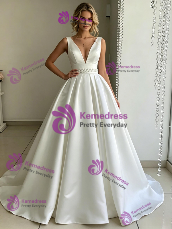 White Satin V-neck Wedding Dress