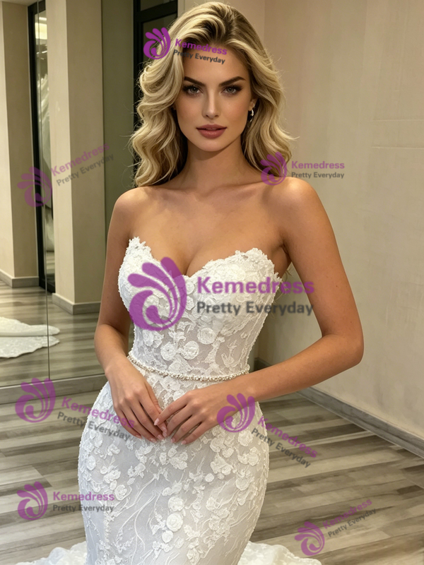 White Mermaid Lace Strapless Wedding Dress