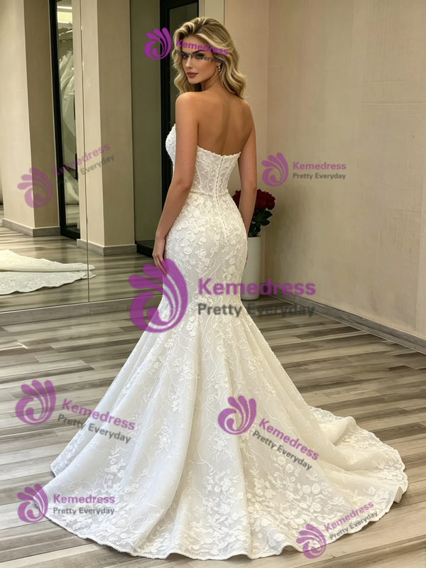 White Mermaid Lace Strapless Wedding Dress