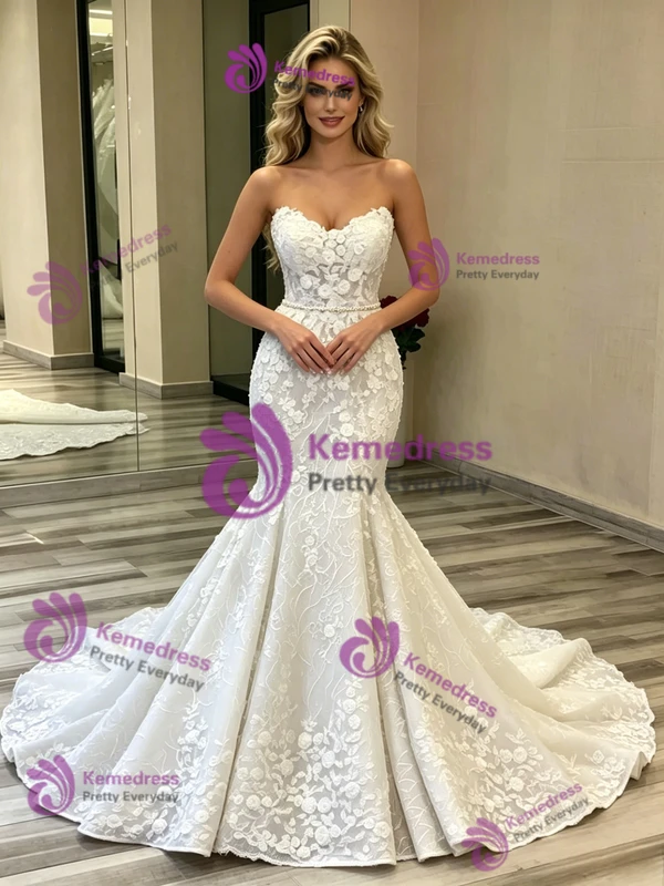 White Mermaid Lace Strapless Wedding Dress