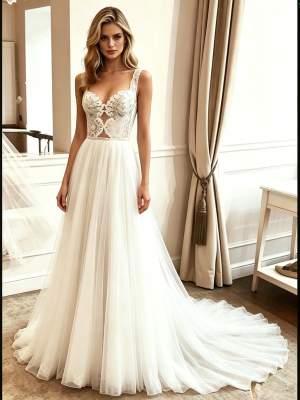 White Tulle Lace Straps Wedding Dress