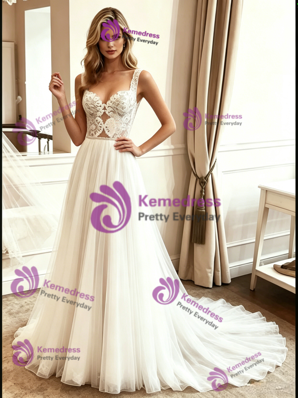 White Tulle Lace Straps Wedding Dress