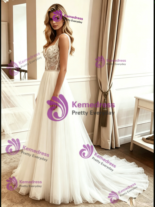 White Tulle Lace Straps Wedding Dress