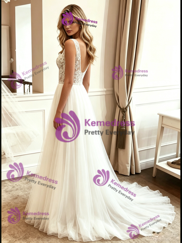 White Tulle Lace Straps Wedding Dress