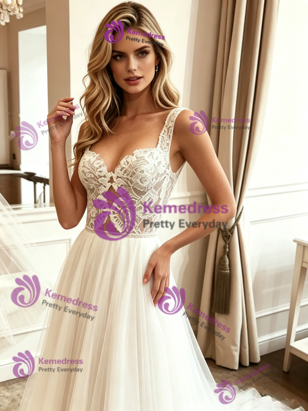White Tulle Lace Straps Wedding Dress