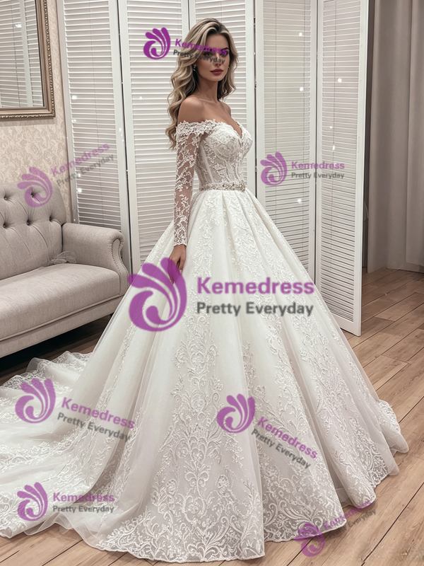 White Tulle Lace Long Sleeve Off the Shoulder Wedidng Dress