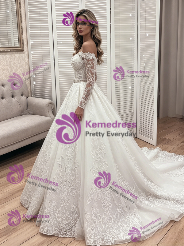 White Tulle Lace Long Sleeve Off the Shoulder Wedidng Dress