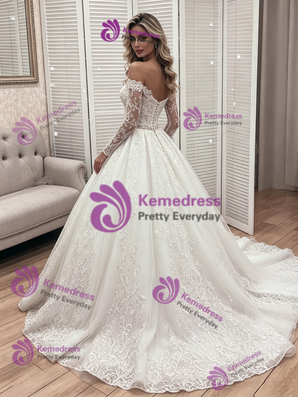 White Tulle Lace Long Sleeve Off the Shoulder Wedidng Dress