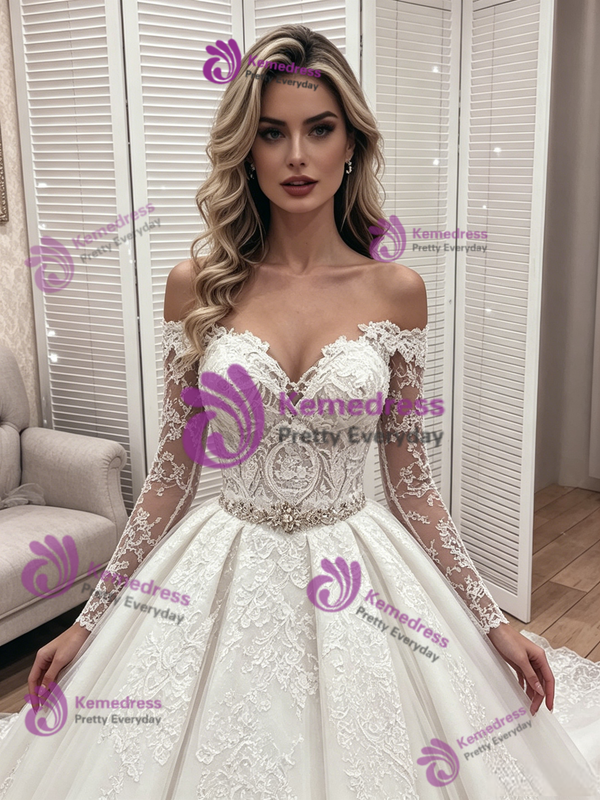 White Tulle Lace Long Sleeve Off the Shoulder Wedidng Dress