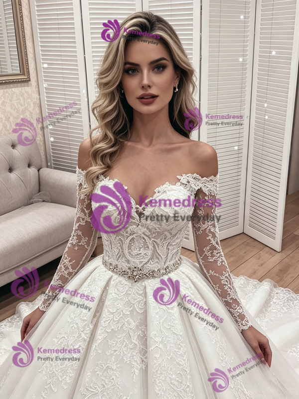 White Tulle Lace Long Sleeve Off the Shoulder Wedidng Dress