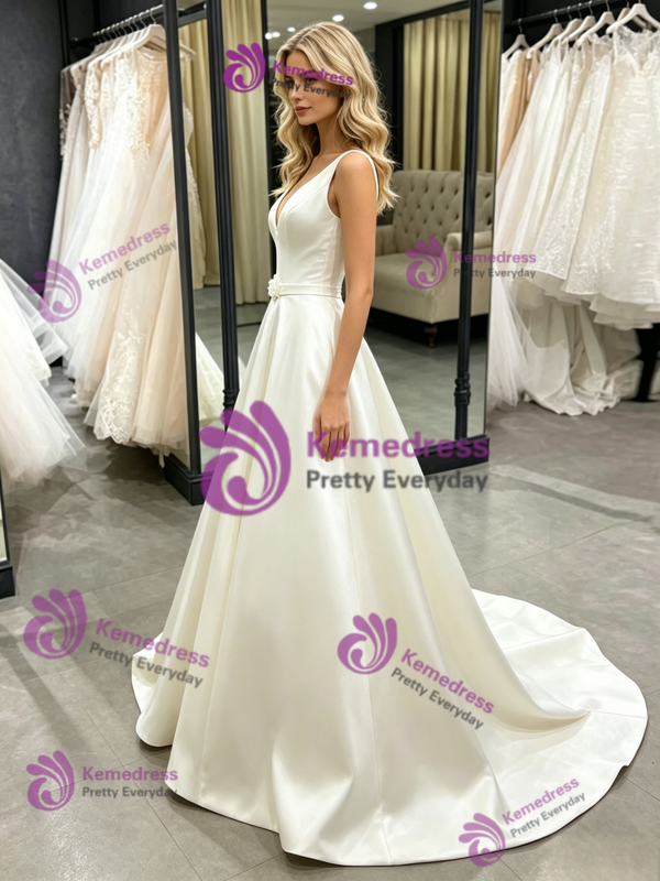 White Satin V-neck Wedding Dress