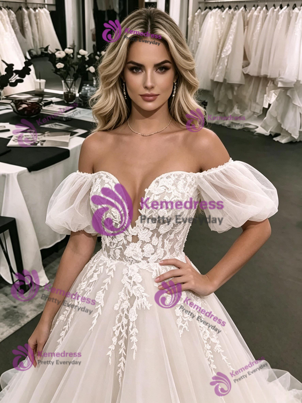 White Tulle Appliques Puff Sleeve Wedding Dress