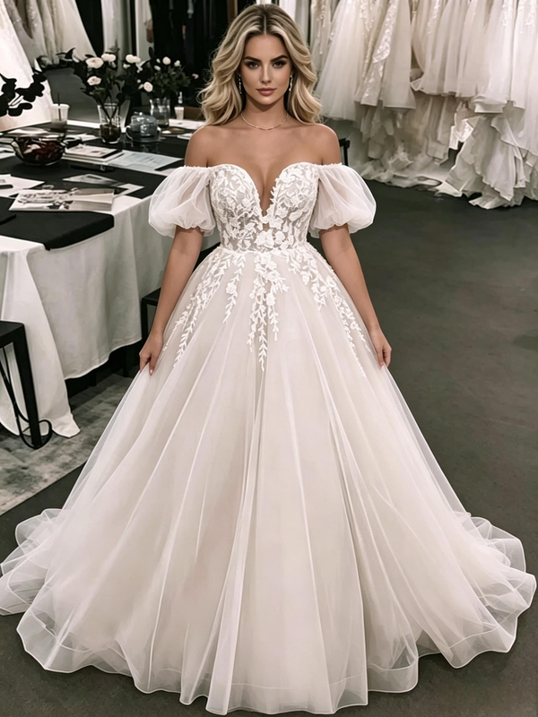 White Tulle Appliques Puff Sleeve Wedding Dress