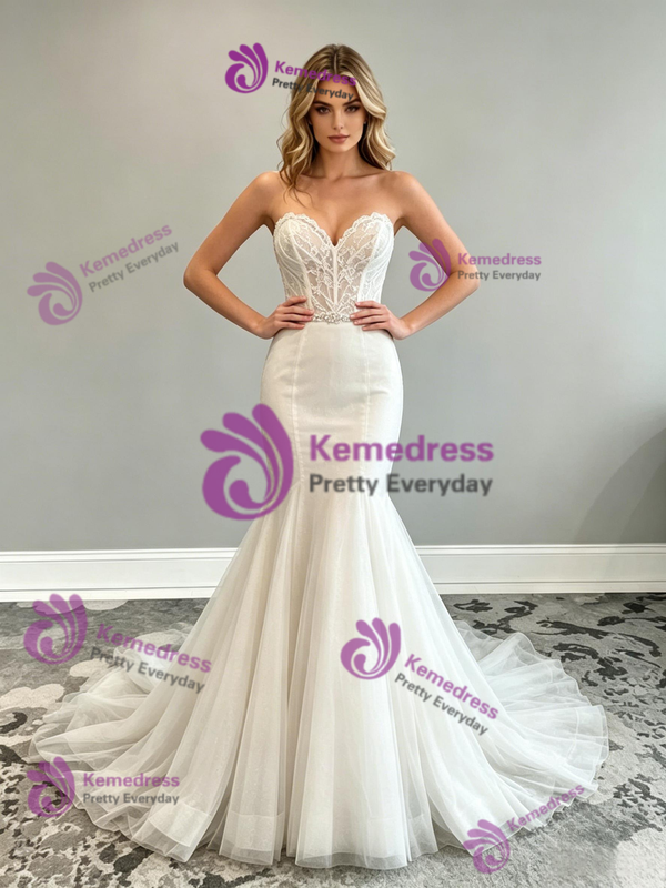 Sexy White Mermaid Tulle Appliques Wedding Dress