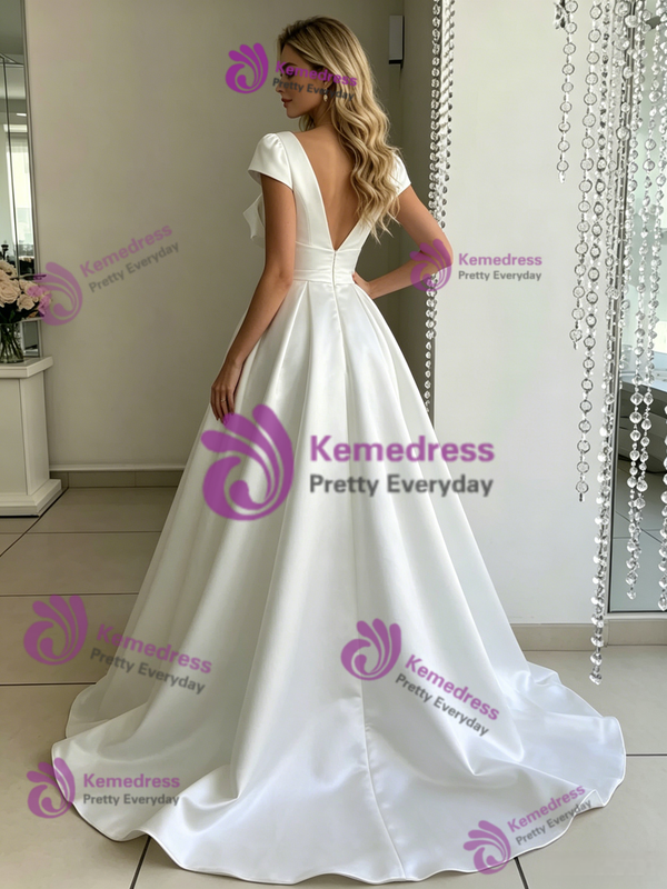 White Satin V-neck Bow Wedding Dress