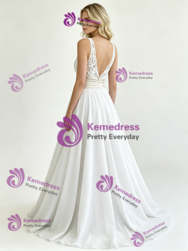 White Chiffon Lace V-neck Wedding Dress