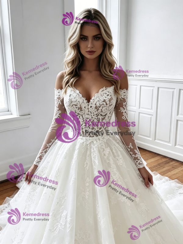 White Tulle Lace Long Sleeve Wedding Dress