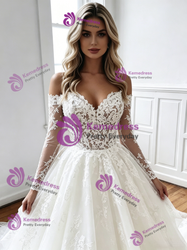 White Tulle Lace Long Sleeve Wedding Dress